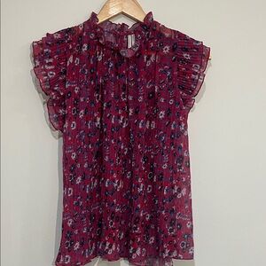 Anthropologie Burgundy Floral Pleated Ruffle-Sleeve Blouse